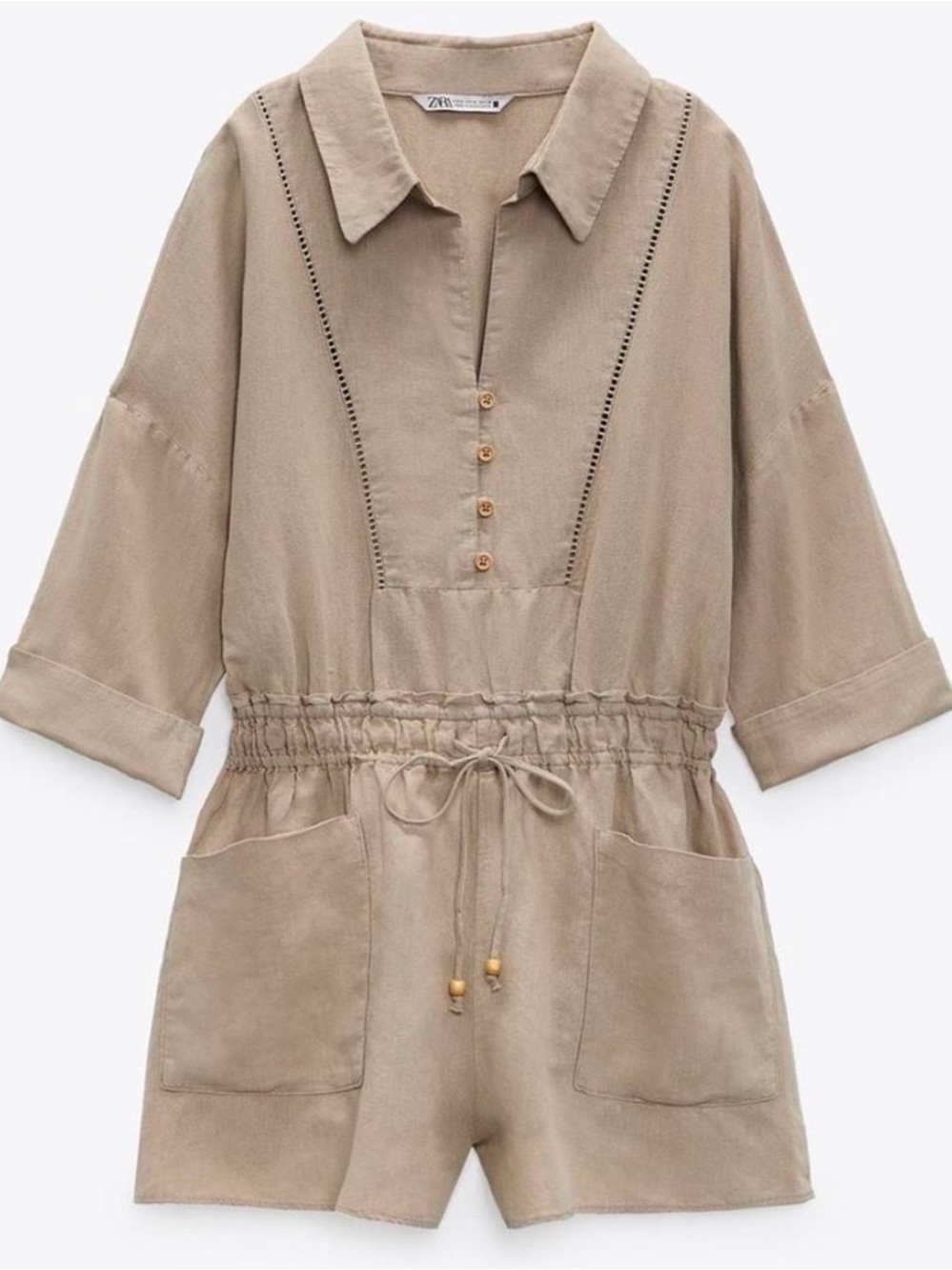 Zara Light Beige Linen blend Romper  with Collar and Pockets Size Large
